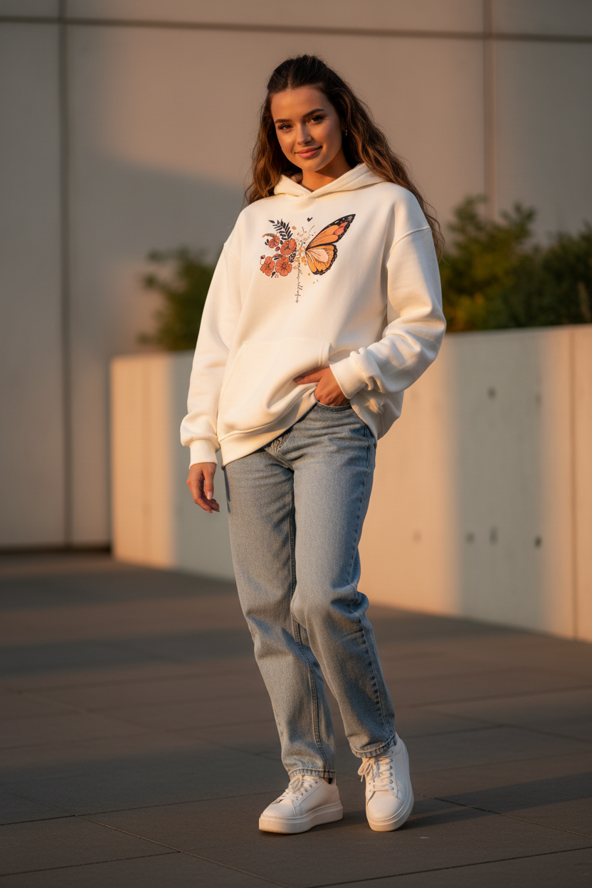 Frau trägt Jaluna Schmetterling Oversized Hoodie - Urban Street Style